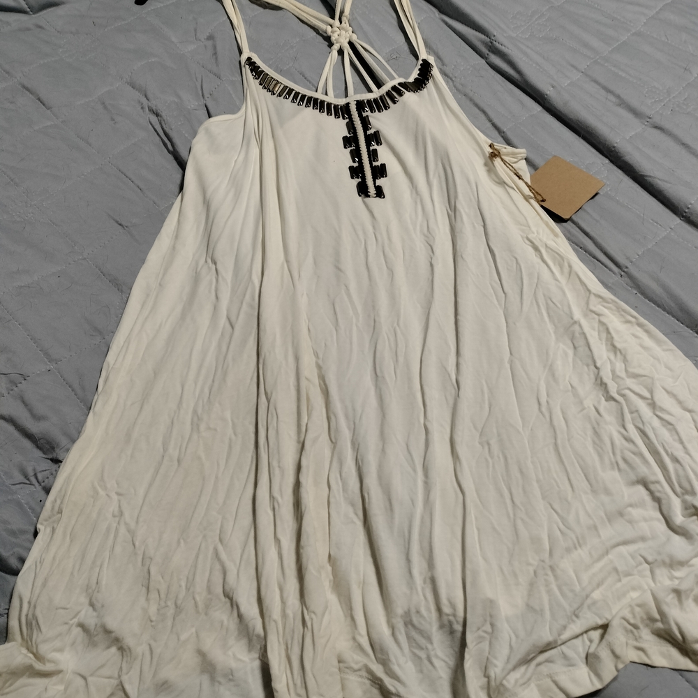 White Sleeveless Dress with Black Embroidery